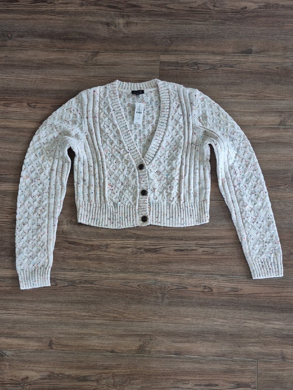 Talbots White Speckled Cropped Cable Cardigan